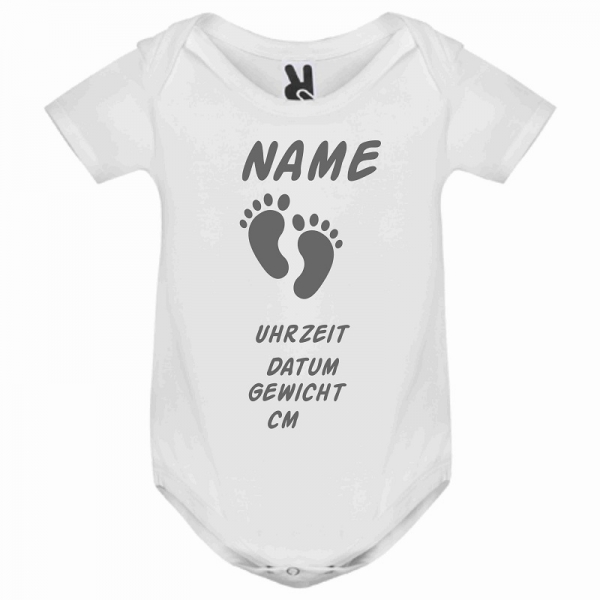 Babystrampler weiß-grau, Name-Gewicht-Größe-Uhrzeit, günstig kaufen